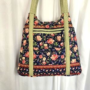 Floral Navy/Green Print Cotton Quilted Fabric Spring Shoulder Bag